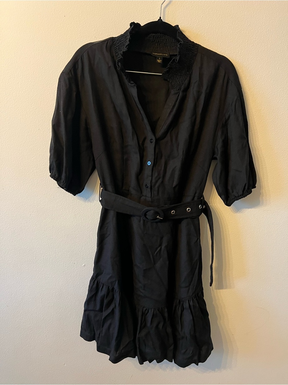 Sugarlips Black Belted Mini Dress with Shirred Collar